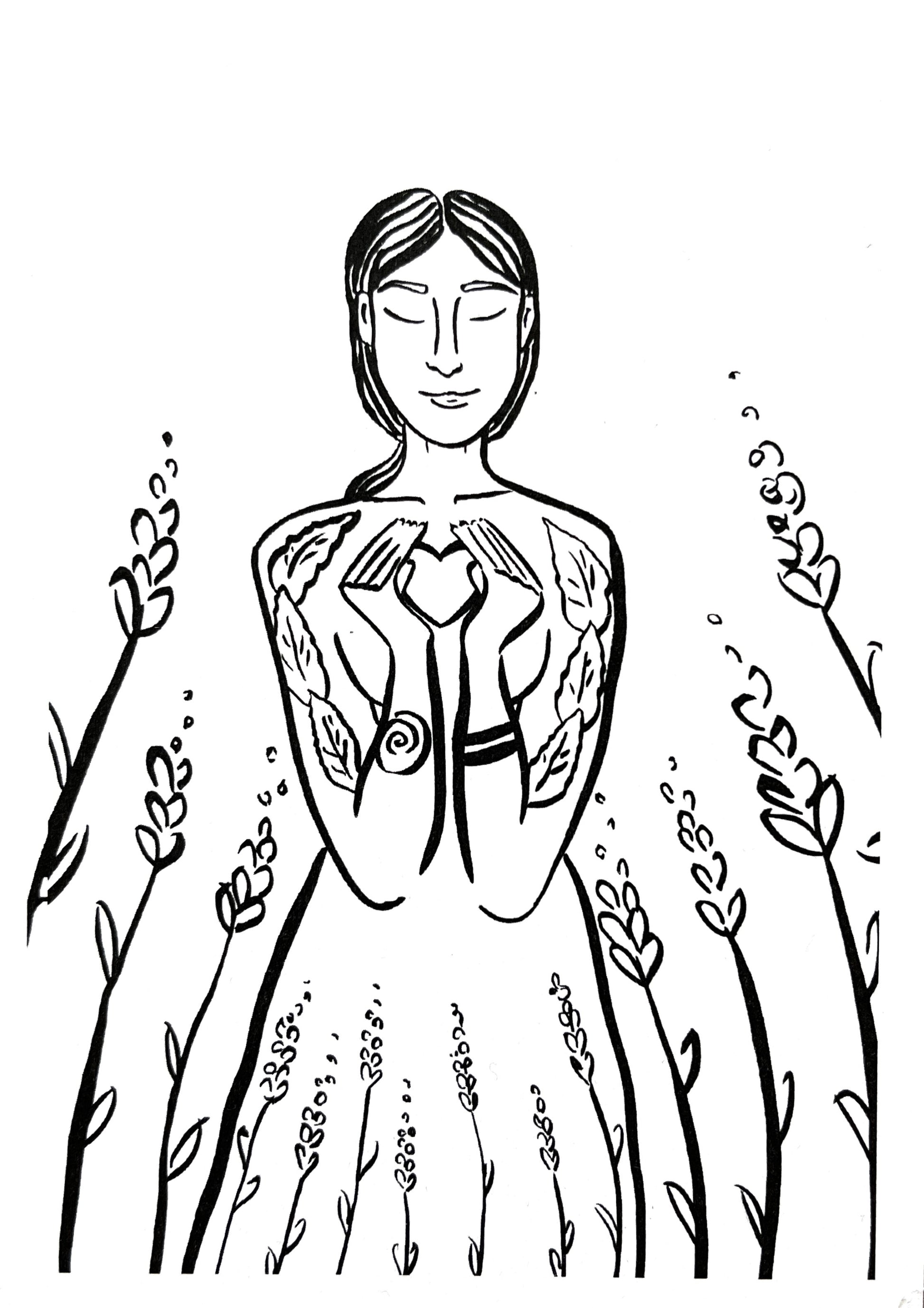 Hand drawn. Fille au coeur. Recto.